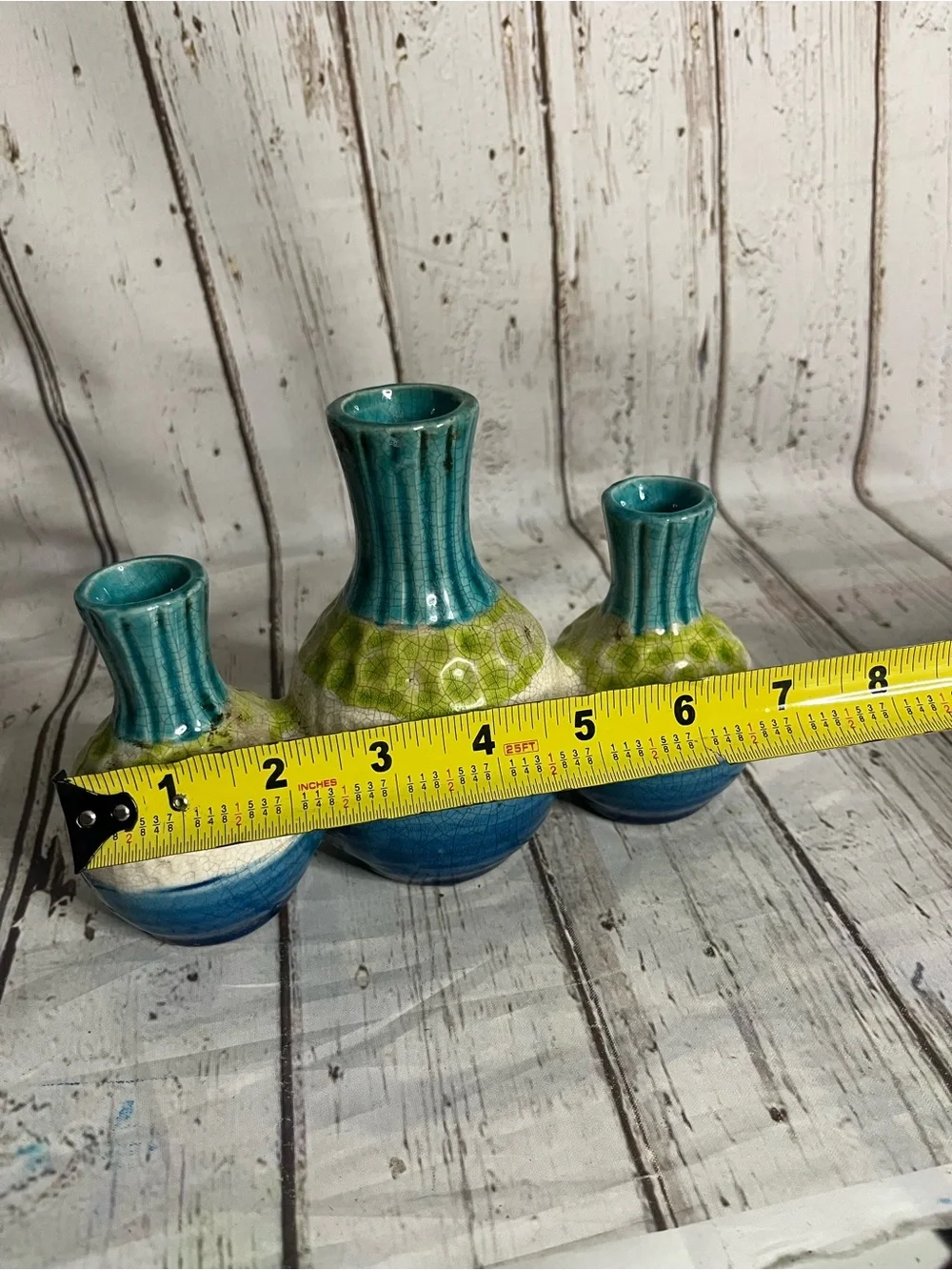 Three Flower Bud Vase Cluster Teal Multiple Colors Textured Pottery